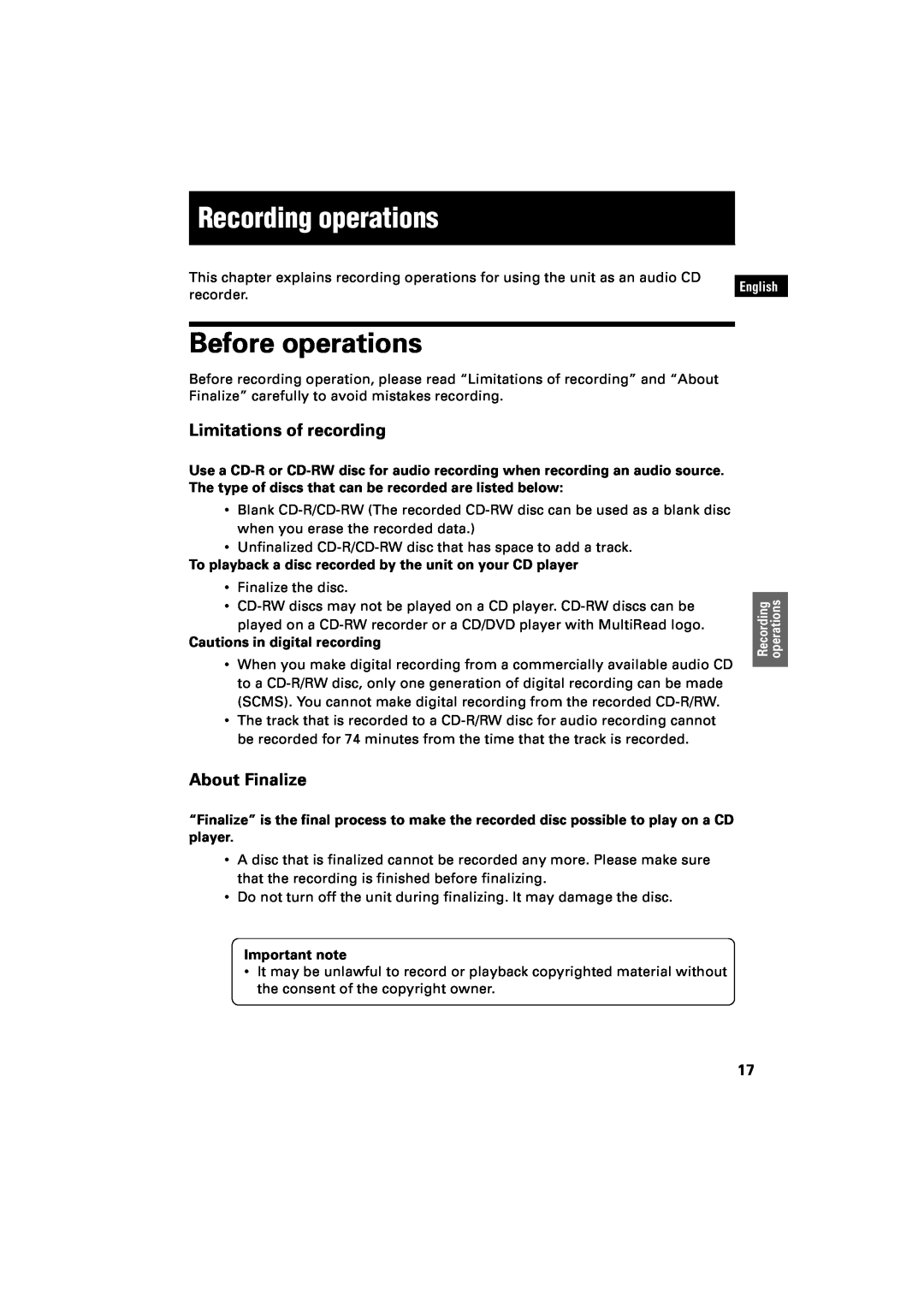 JVC XR-D400SL manual Recording operations, Before operations, Limitations of recording, About Finalize, English 