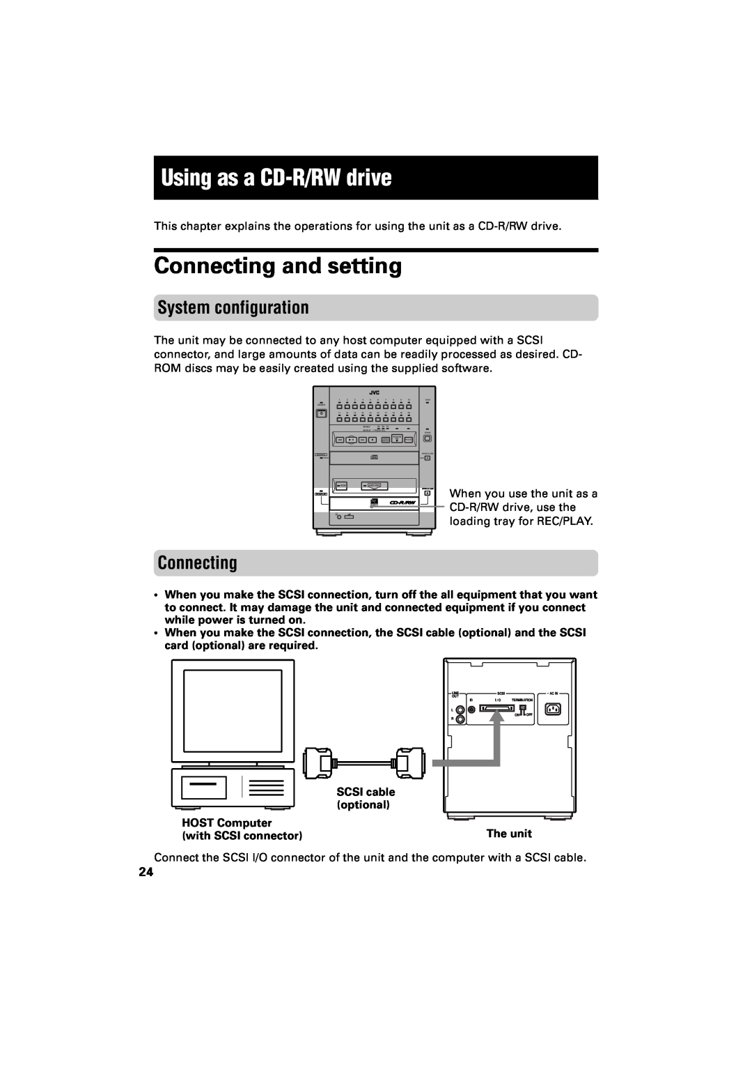JVC XR-D400SL manual Using as a CD-R/RWdrive, Connecting and setting, System configuration 