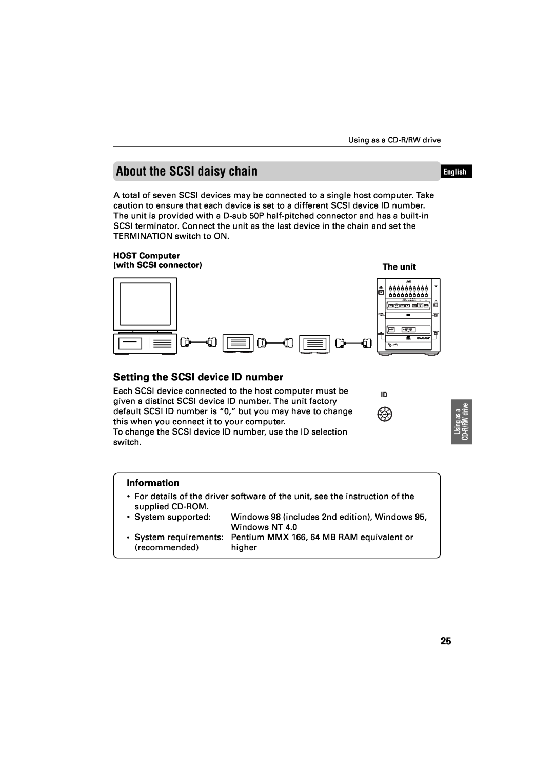 JVC XR-D400SL manual About the SCSI daisy chain, Setting the SCSI device ID number, English 