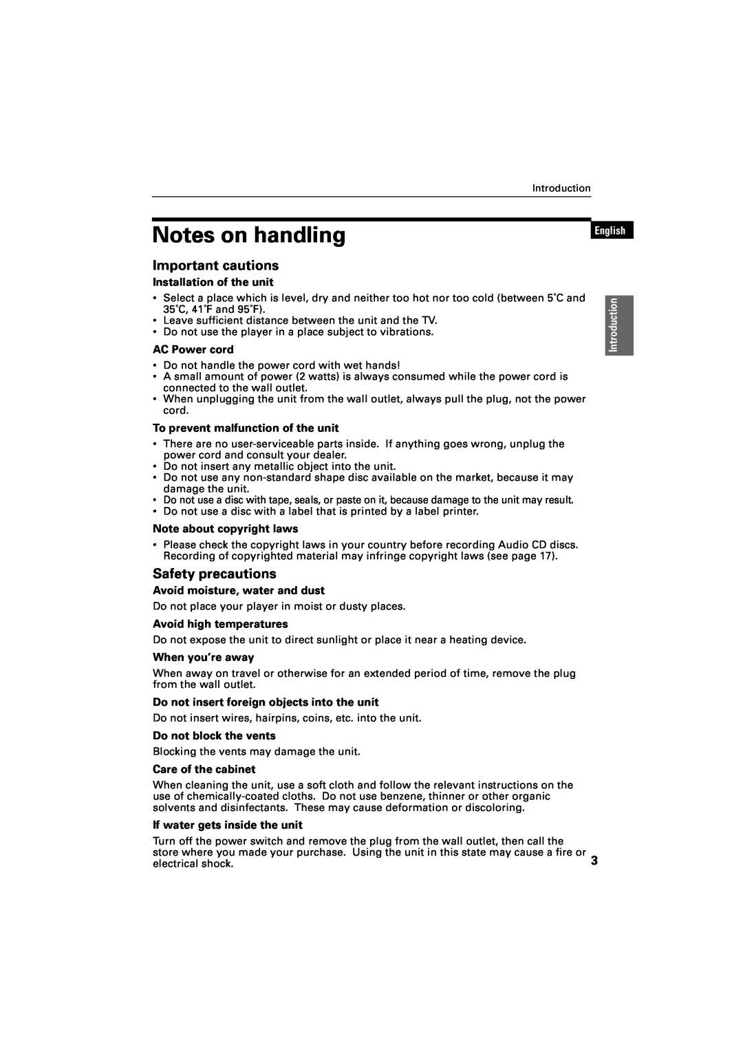 JVC XR-D400SL manual Notes on handling, Important cautions, Safety precautions, English 