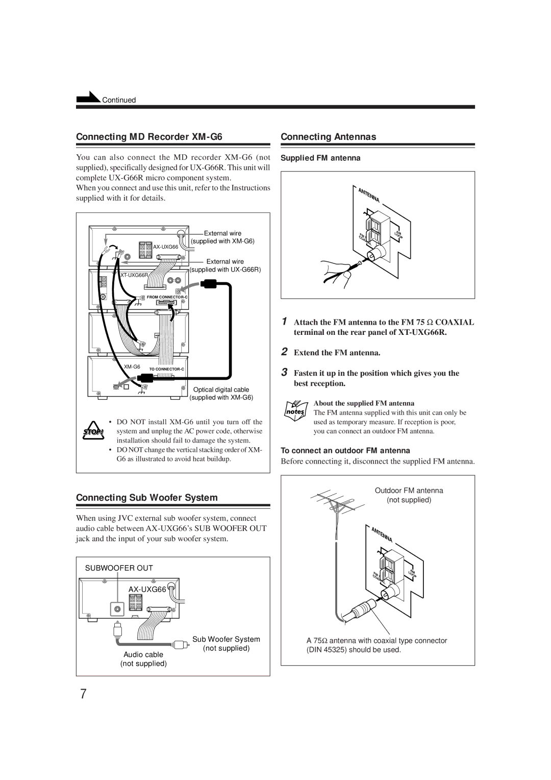 JVC XT-UXG66R, UX-G66R Connecting MD Recorder XM-G6 Connecting Antennas, Connecting Sub Woofer System, Supplied FM antenna 