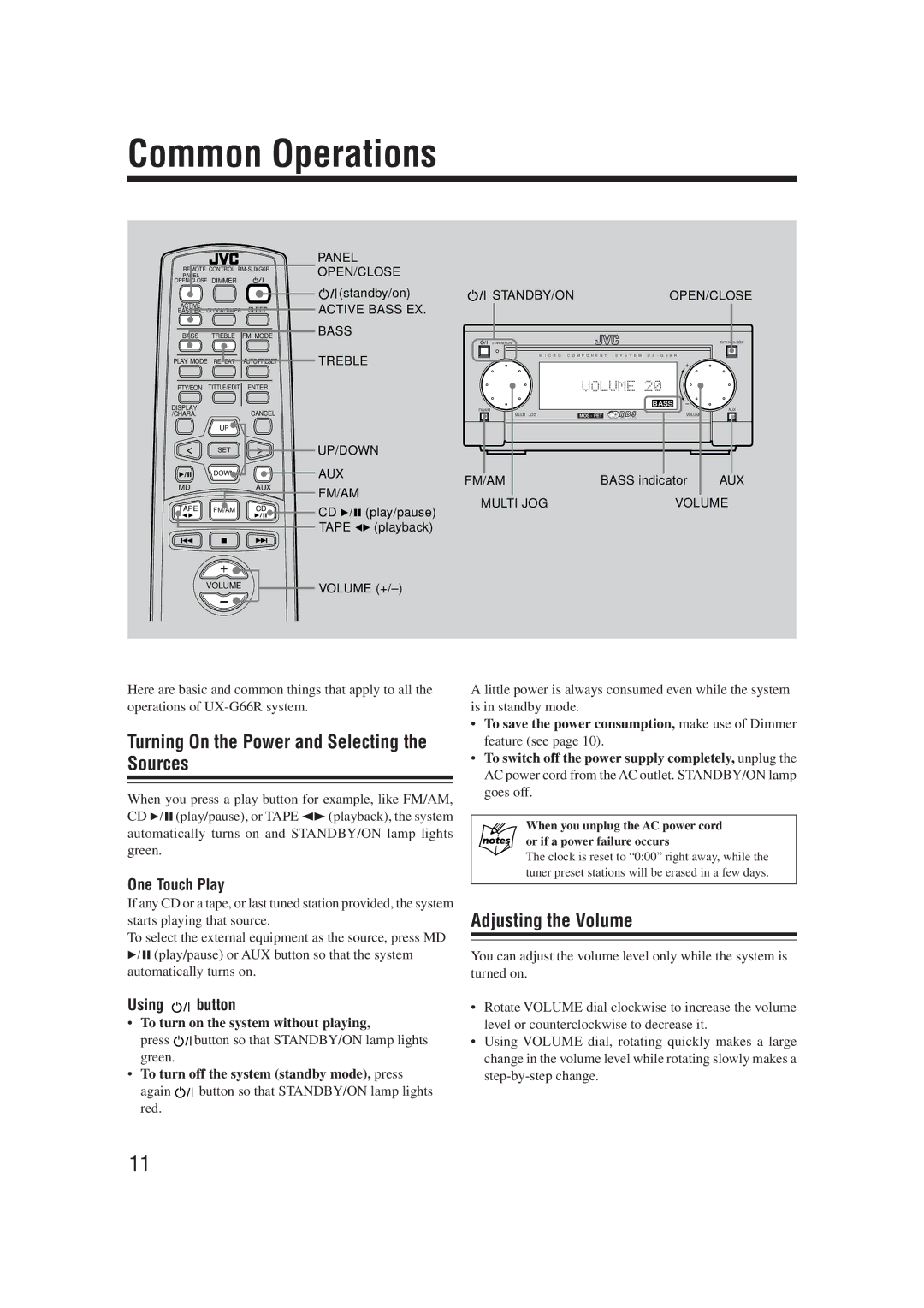 JVC XT-UXG66R Common Operations, Turning On the Power and Selecting the Sources, Adjusting the Volume, One Touch Play 