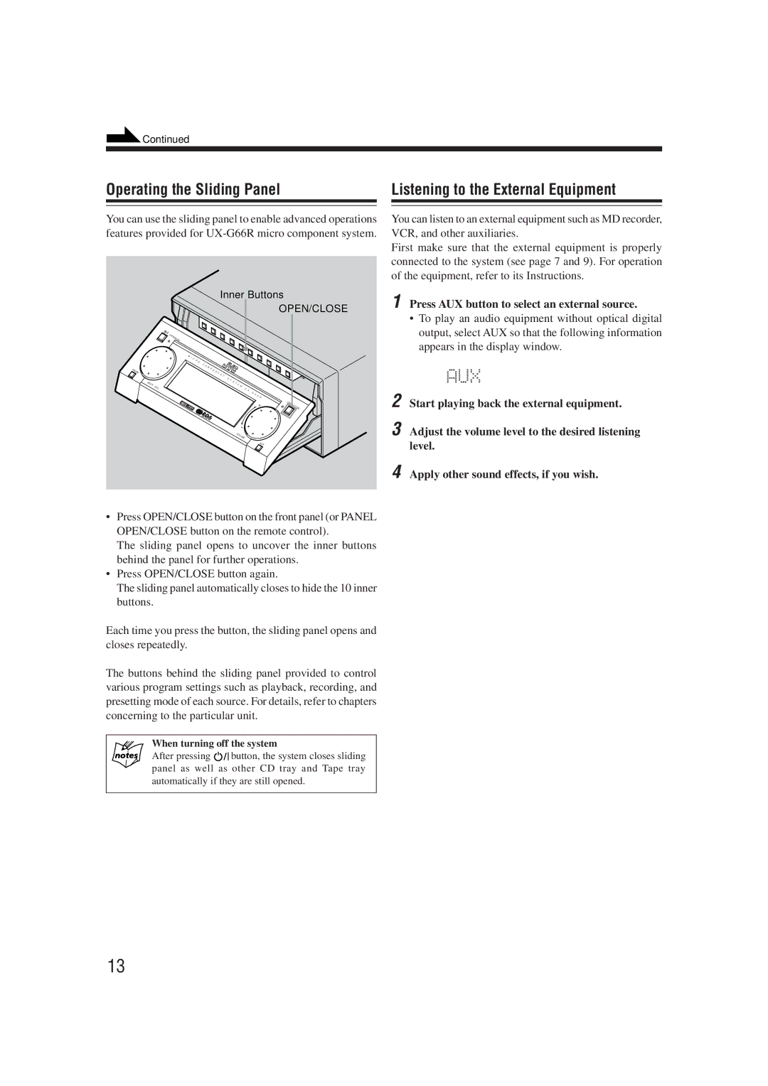 JVC XT-UXG66R, UX-G66R manual Press AUX button to select an external source, Inner Buttons, When turning off the system 