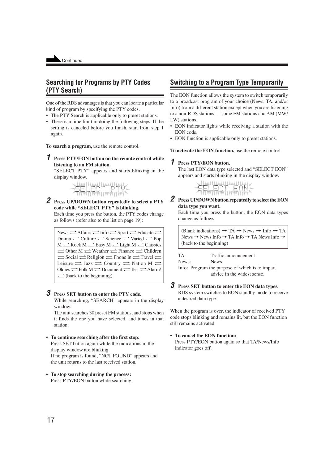 JVC XT-UXG66R, UX-G66R manual Searching for Programs by PTY Codes PTY Search, Switching to a Program Type Temporarily 