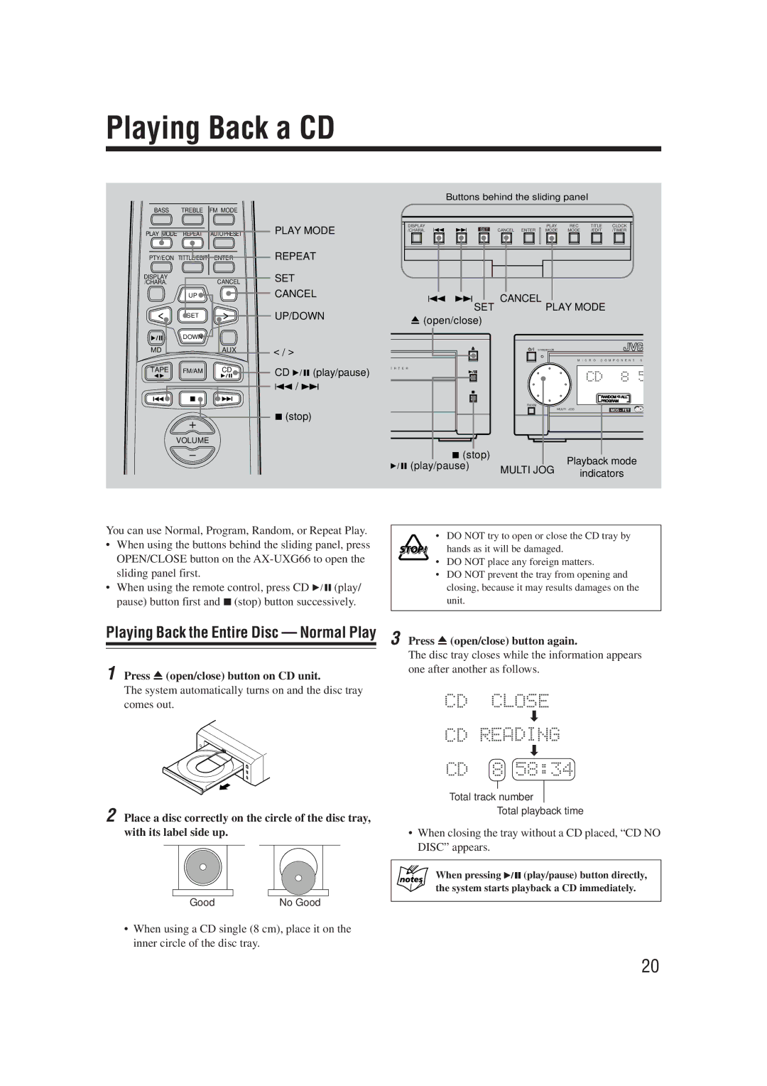 JVC UX-G66R, XT-UXG66R manual Playing Back a CD, Playing Back the Entire Disc Normal Play, Press 0open/close button again 