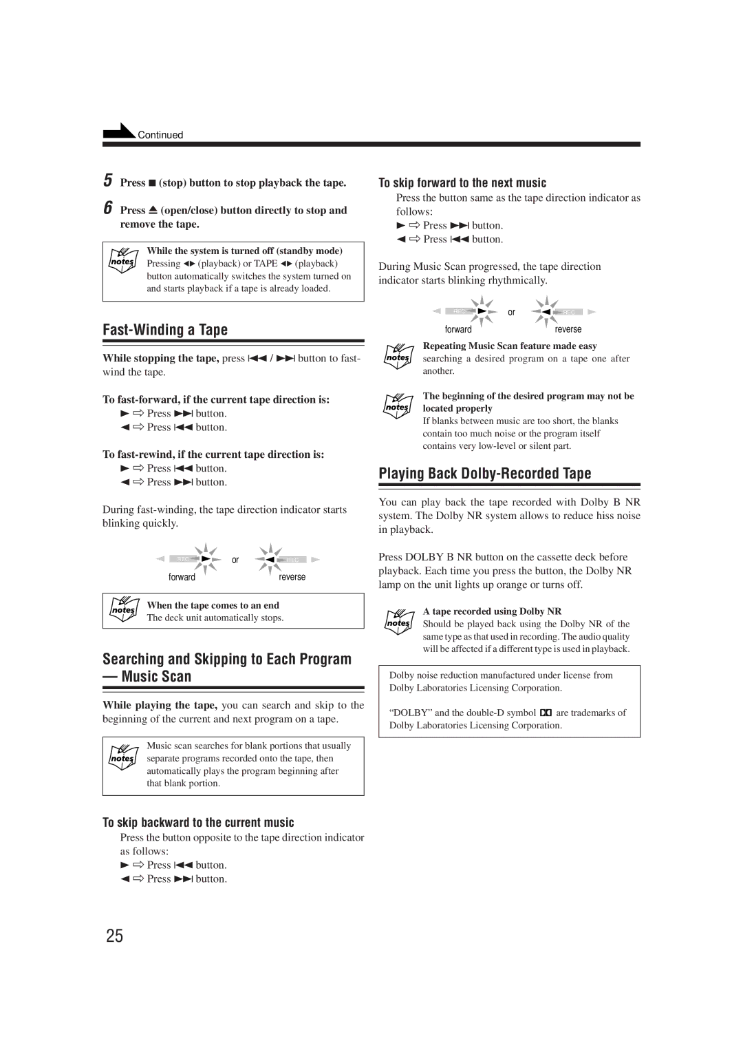 JVC XT-UXG66R manual Fast-Winding a Tape, Music Scan, Playing Back Dolby-Recorded Tape, To skip forward to the next music 