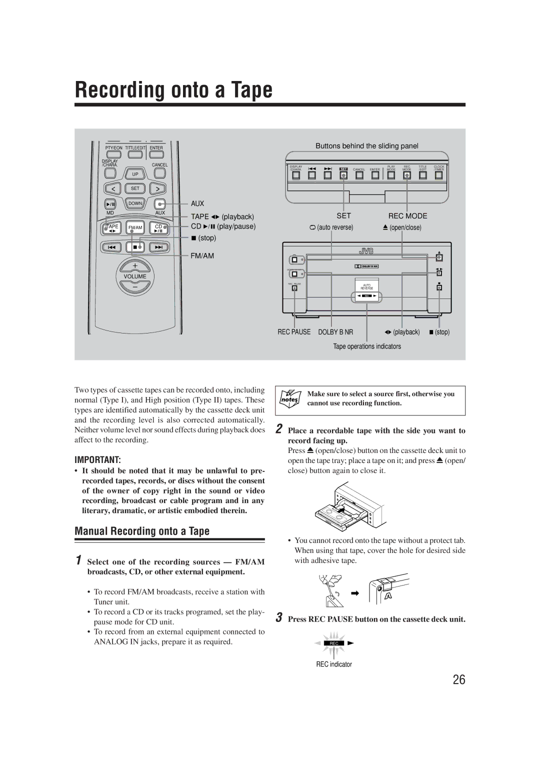 JVC UX-G66R, XT-UXG66R manual Manual Recording onto a Tape, Press REC Pause button on the cassette deck unit 