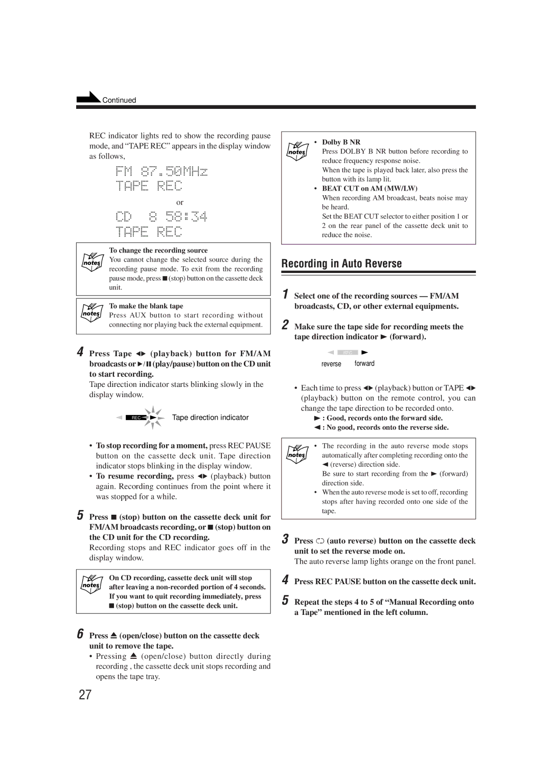 JVC XT-UXG66R, UX-G66R manual Recording in Auto Reverse 