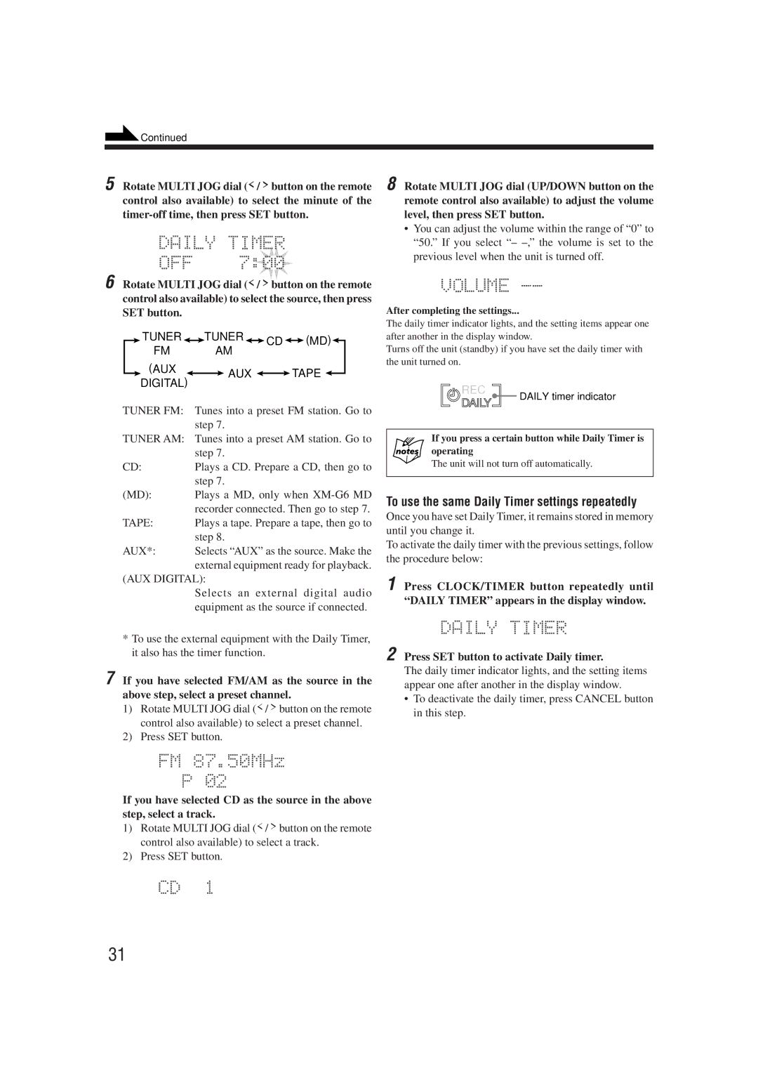 JVC XT-UXG66R, UX-G66R manual To use the same Daily Timer settings repeatedly, Daily timer indicator 