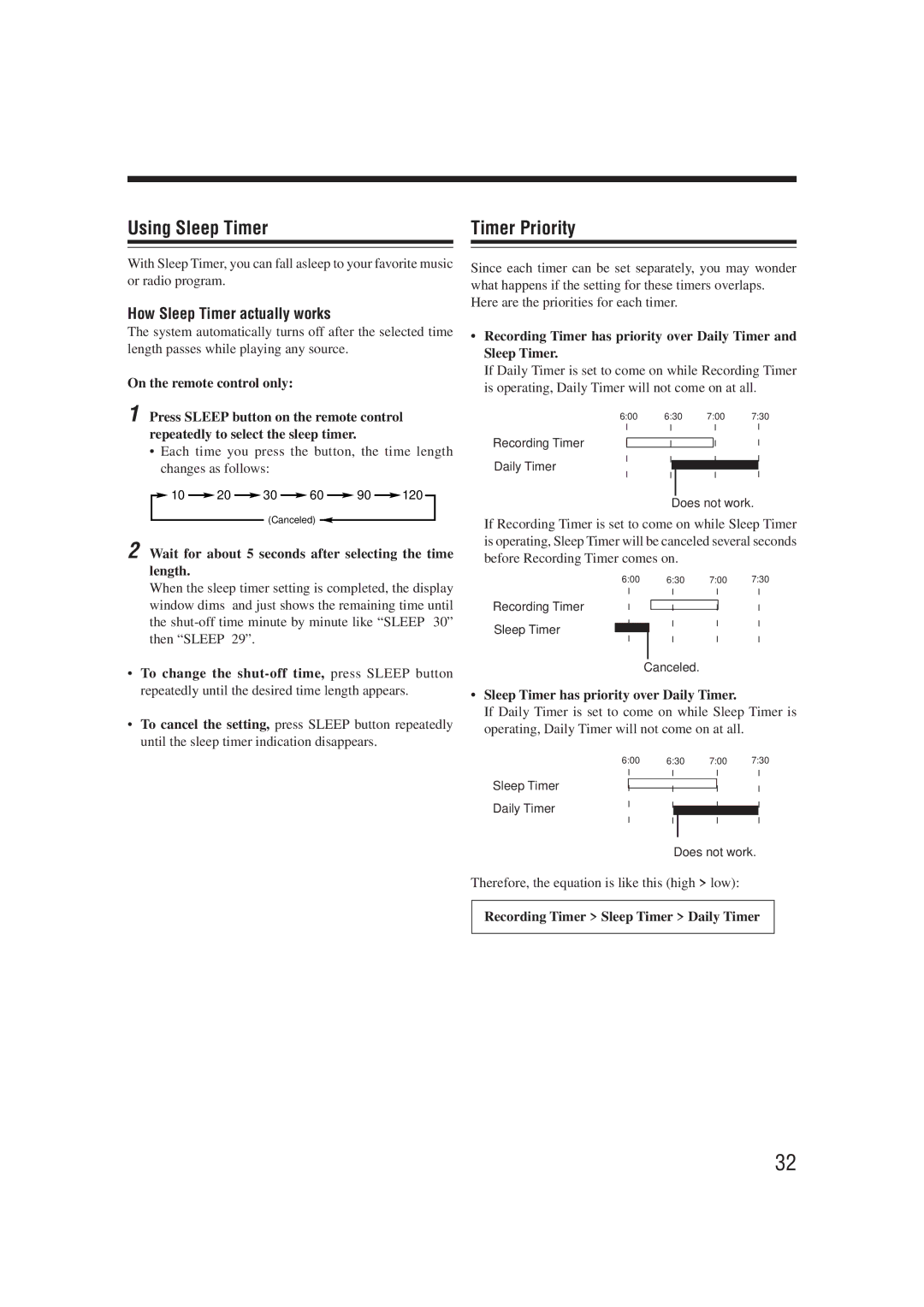 JVC UX-G66R Using Sleep Timer Timer Priority, How Sleep Timer actually works, Sleep Timer has priority over Daily Timer 