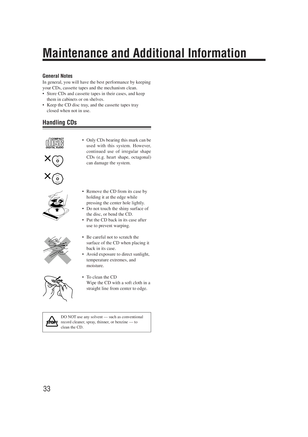 JVC XT-UXG66R, UX-G66R manual Maintenance and Additional Information, Handling CDs, General Notes 