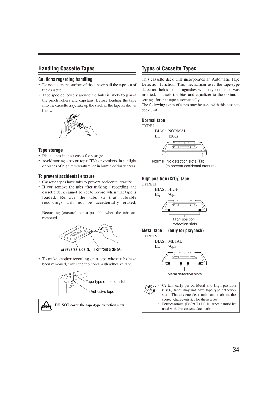 JVC UX-G66R, XT-UXG66R manual Handling Cassette Tapes Types of Cassette Tapes 