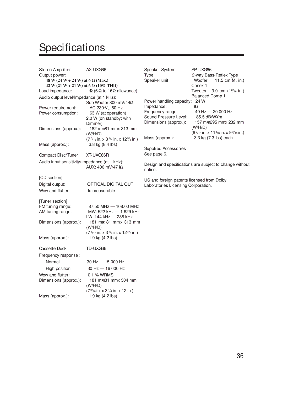 JVC UX-G66R, XT-UXG66R manual Specifications, Stereo Amplifier AX-UXG66, Cassette Deck, Speaker System, Supplied Accessories 