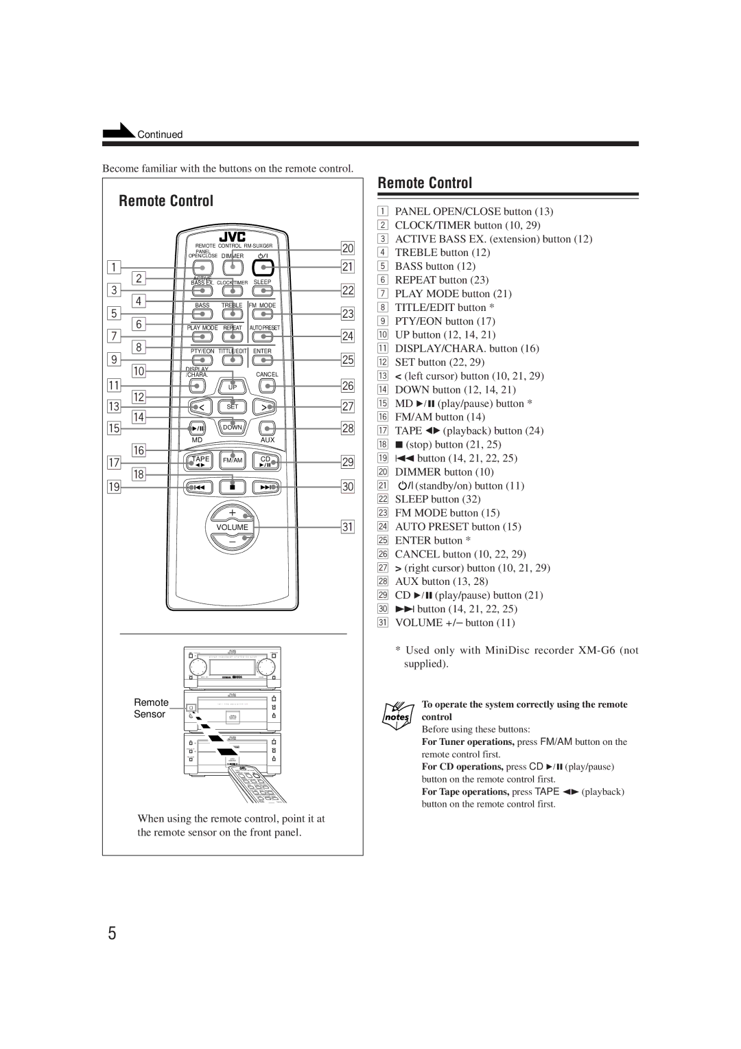 JVC XT-UXG66R, UX-G66R manual Remote Control, Remote Sensor, To operate the system correctly using the remote control 