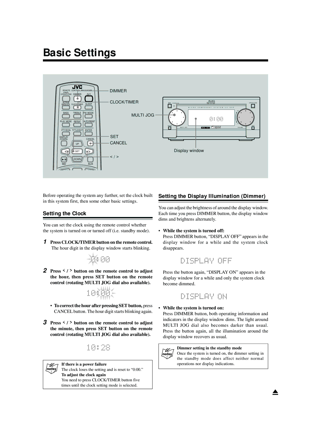 JVC AX-UXG6, XT-UXG6R, UX-G6R, SP-UXG6, TD-UXG6 Basic Settings, Setting the Clock, Setting the Display Illumination Dimmer 