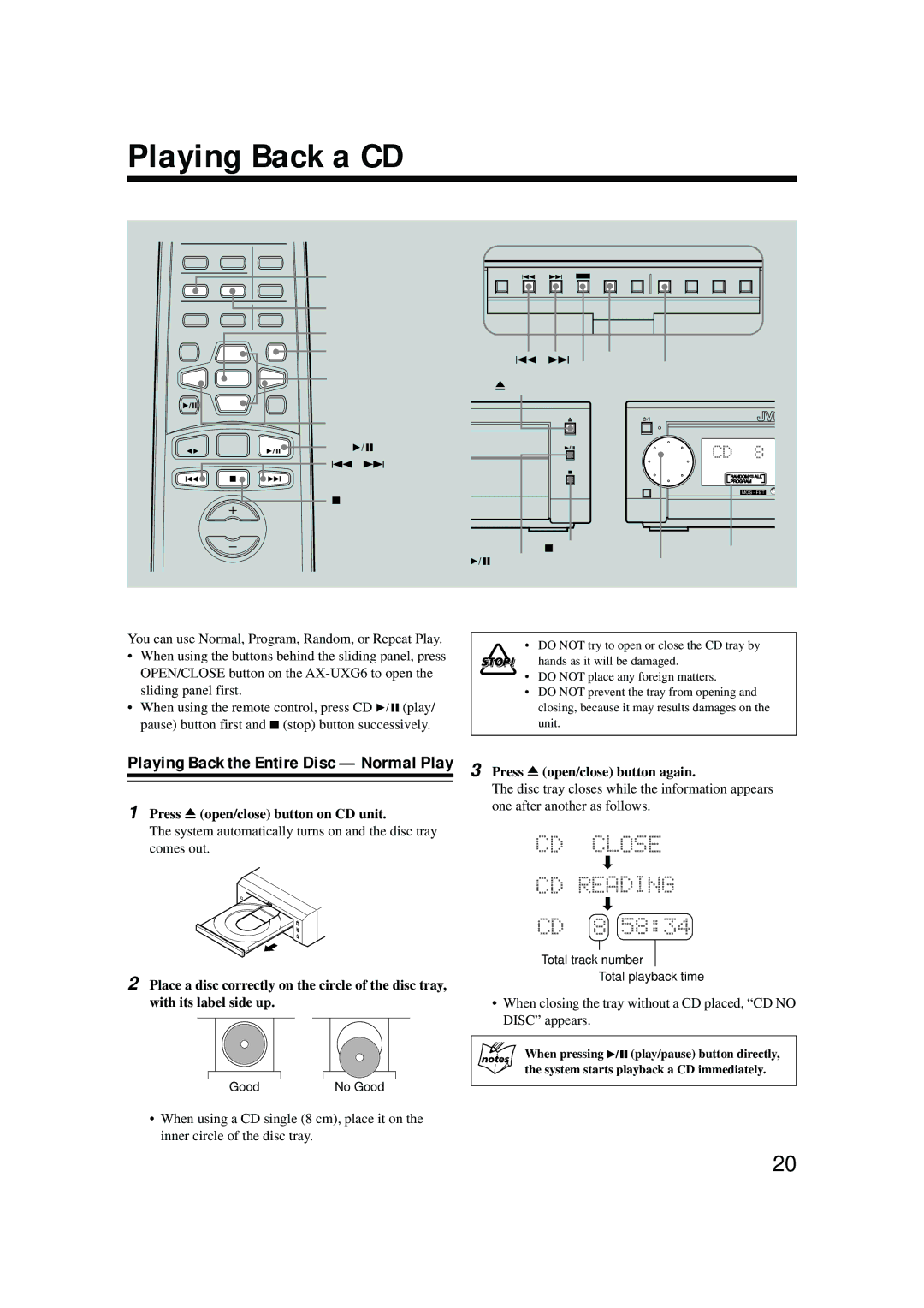 JVC AX-UXG6, XT-UXG6R, UX-G6R Playing Back a CD, Playing Back the Entire Disc Normal Play, Press 0open/close button again 