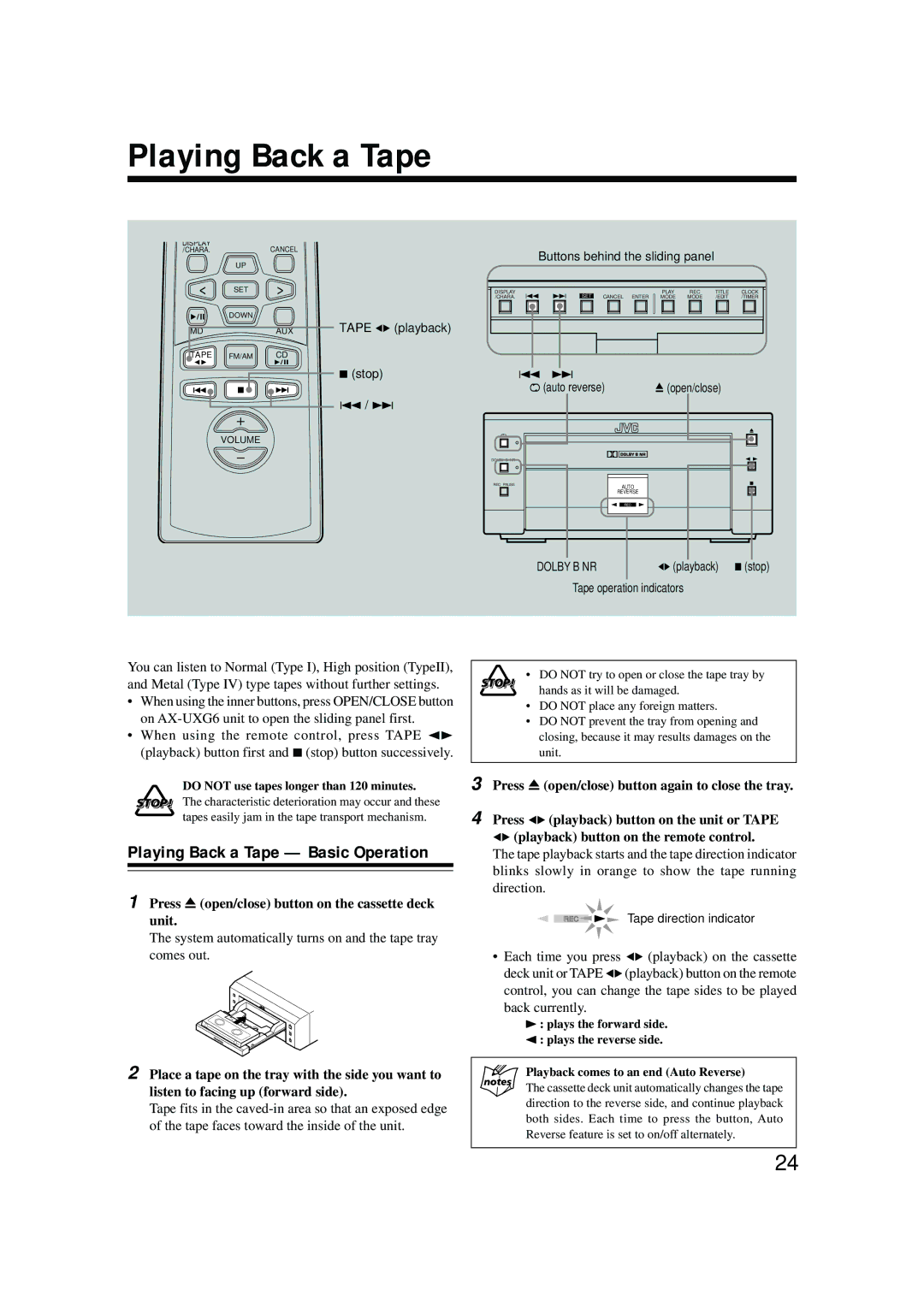 JVC SP-UXG6, XT-UXG6R, UX-G6R, AX-UXG6, TD-UXG6 manual Playing Back a Tape, Press 0open/close button on the cassette deck unit 