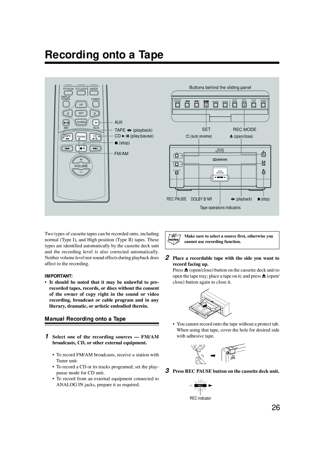 JVC TD-UXG6, XT-UXG6R, UX-G6R, SP-UXG6 Manual Recording onto a Tape, Press REC Pause button on the cassette deck unit 