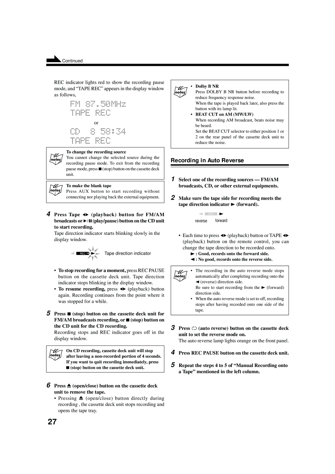 JVC XT-UXG6R, UX-G6R, SP-UXG6, AX-UXG6, TD-UXG6 manual Recording in Auto Reverse 