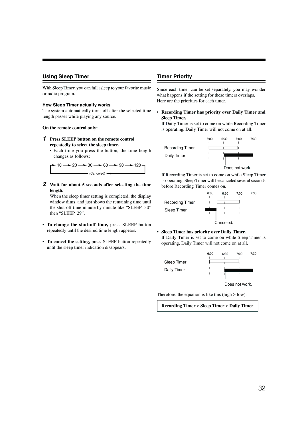 JVC XT-UXG6R Using Sleep Timer Timer Priority, How Sleep Timer actually works, Sleep Timer has priority over Daily Timer 