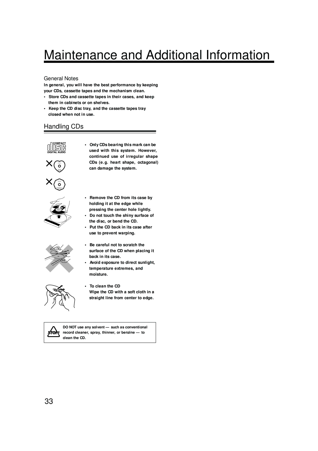 JVC UX-G6R, XT-UXG6R, SP-UXG6, AX-UXG6, TD-UXG6 manual Maintenance and Additional Information, Handling CDs, General Notes 