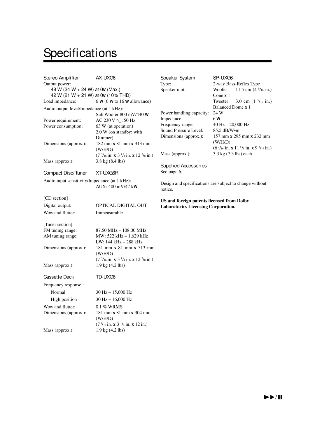 JVC TD-UXG6, XT-UXG6R, UX-G6R Specifications, Stereo Amplifier AX-UXG6, Cassette Deck, Speaker System, Supplied Accessories 