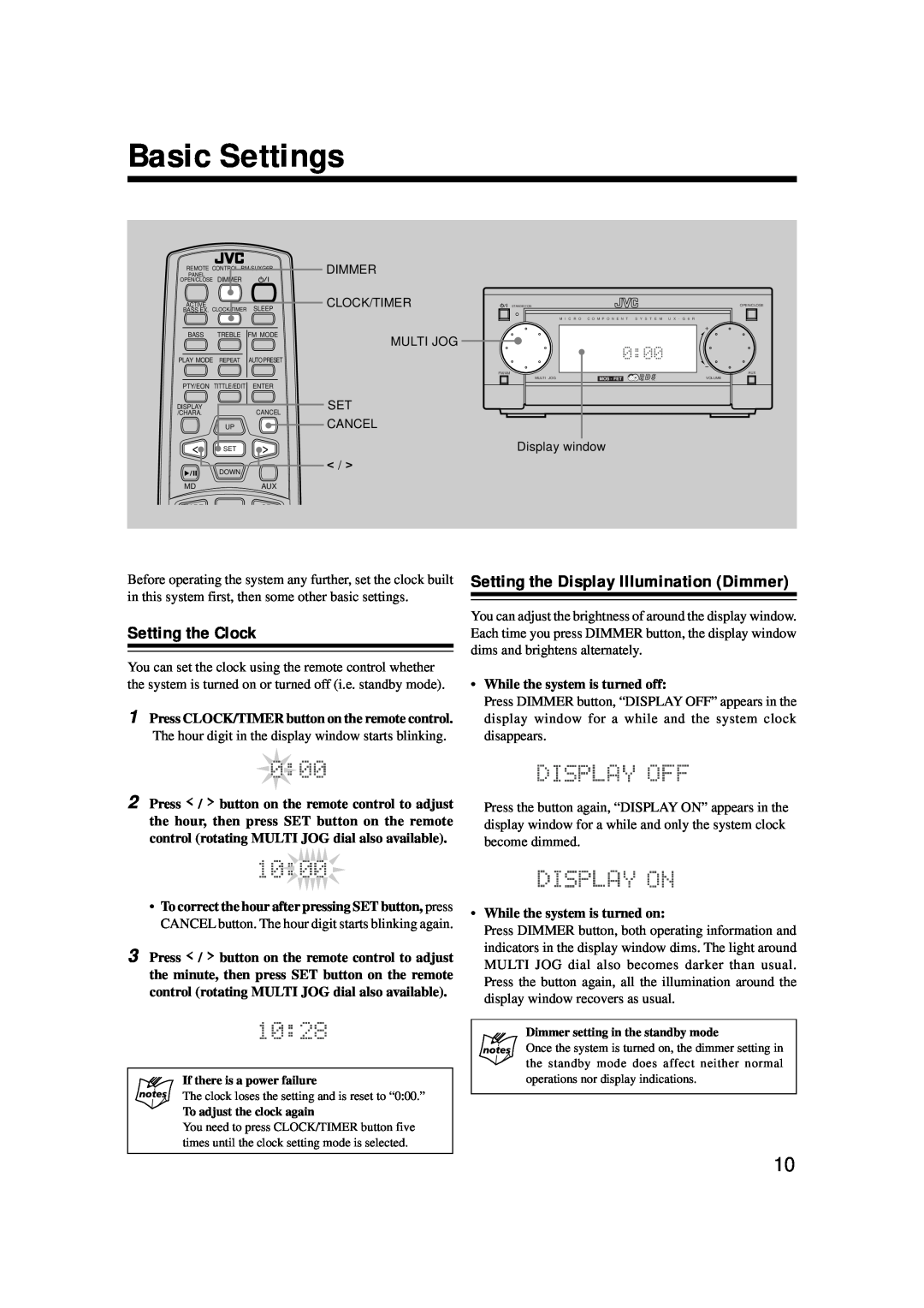 JVC AX-UXG6 Basic Settings, Setting the Clock, Setting the Display Illumination Dimmer, While the system is turned off 