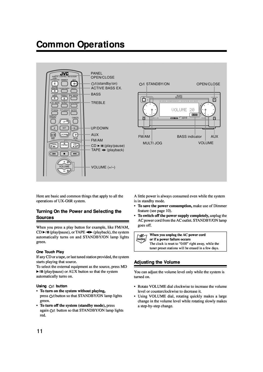 JVC TD-UXG6 manual Common Operations, Turning On the Power and Selecting the Sources, Adjusting the Volume, One Touch Play 