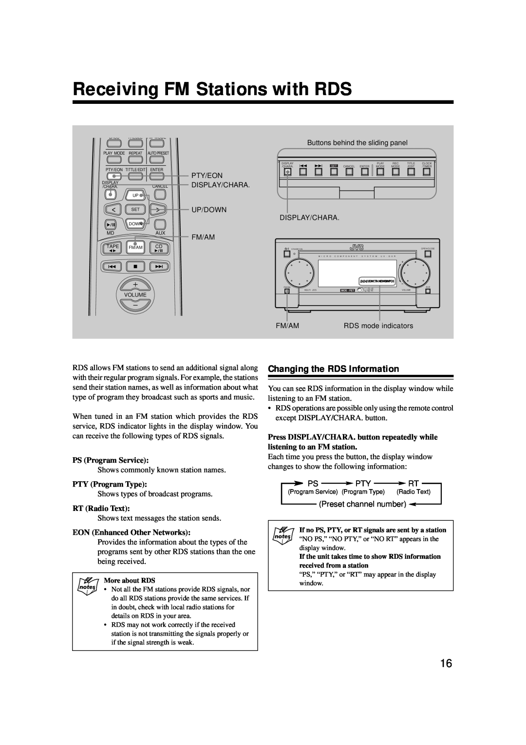 JVC TD-UXG6, XT-UXG6R Receiving FM Stations with RDS, Changing the RDS Information, PS Program Service, PTY Program Type 