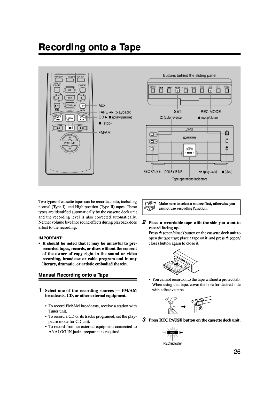 JVC TD-UXG6, XT-UXG6R, UX-G6R, SP-UXG6, AX-UXG6 manual Manual Recording onto a Tape 
