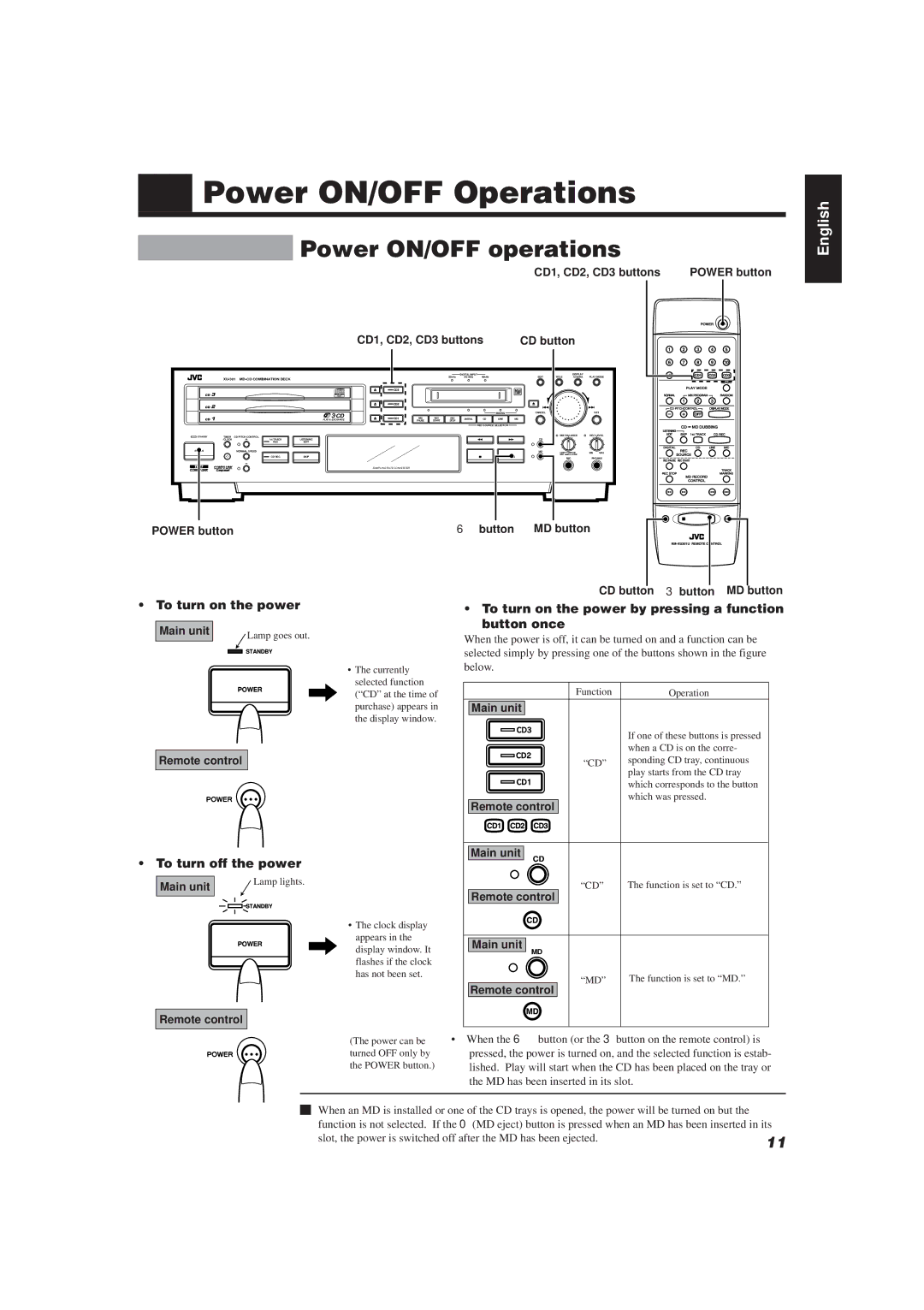 JVC XU-301 manual Power ON/OFF Operations, Power ON/OFF operations, To turn on the power, To turn off the power 