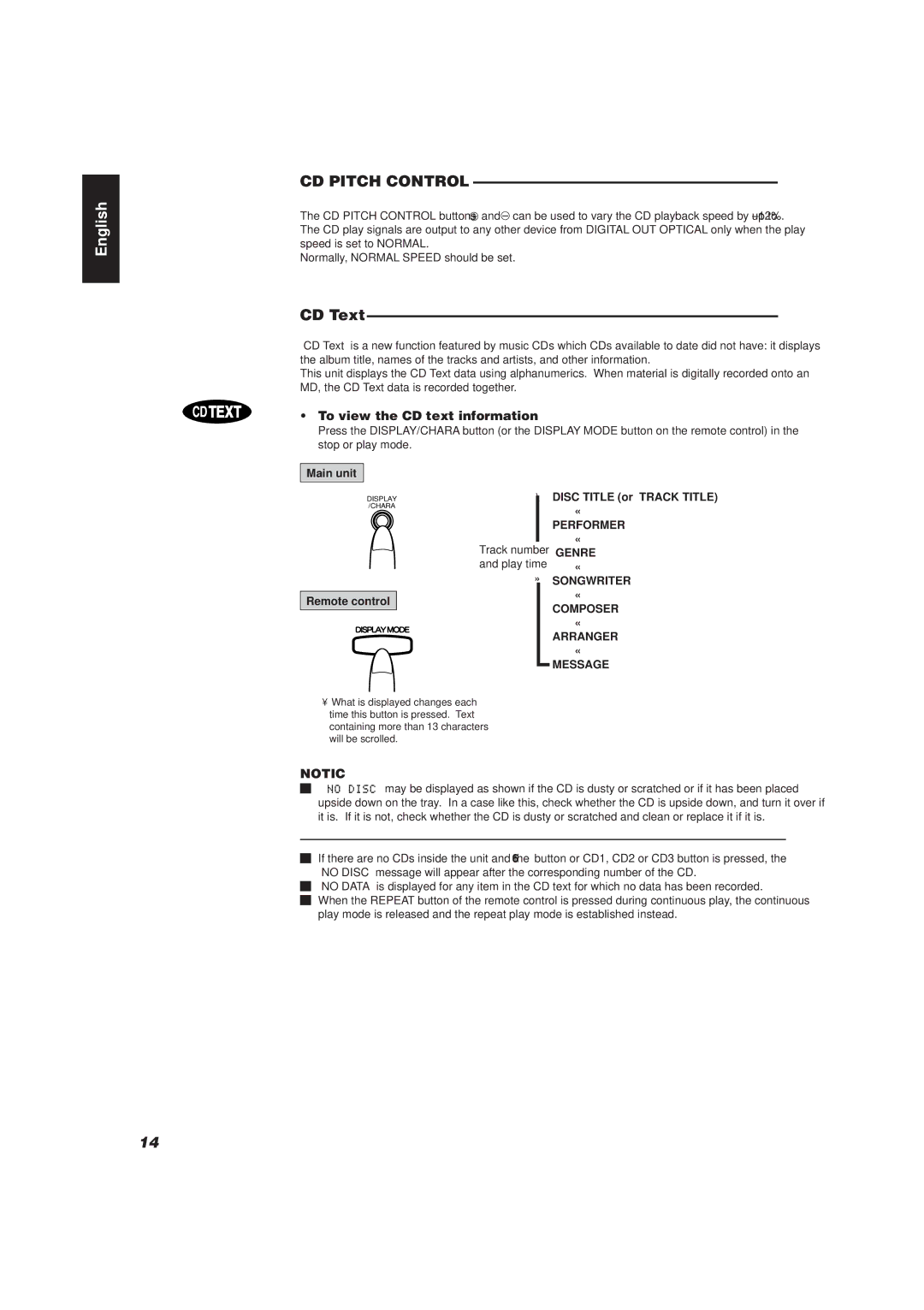 JVC XU-301 manual CD Pitch Control, CD Text, To view the CD text information, Disc Title or Track Title 