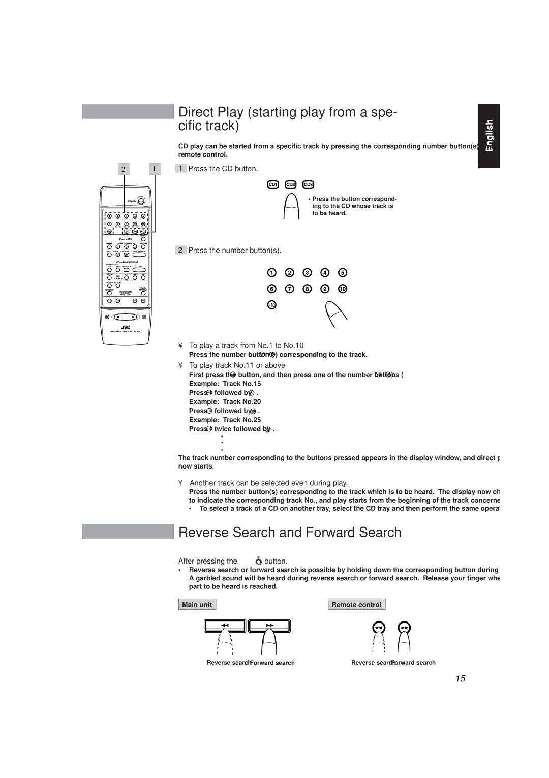 JVC XU-301 manual Direct Play starting play from a spe- cific track, Reverse Search and Forward Search 