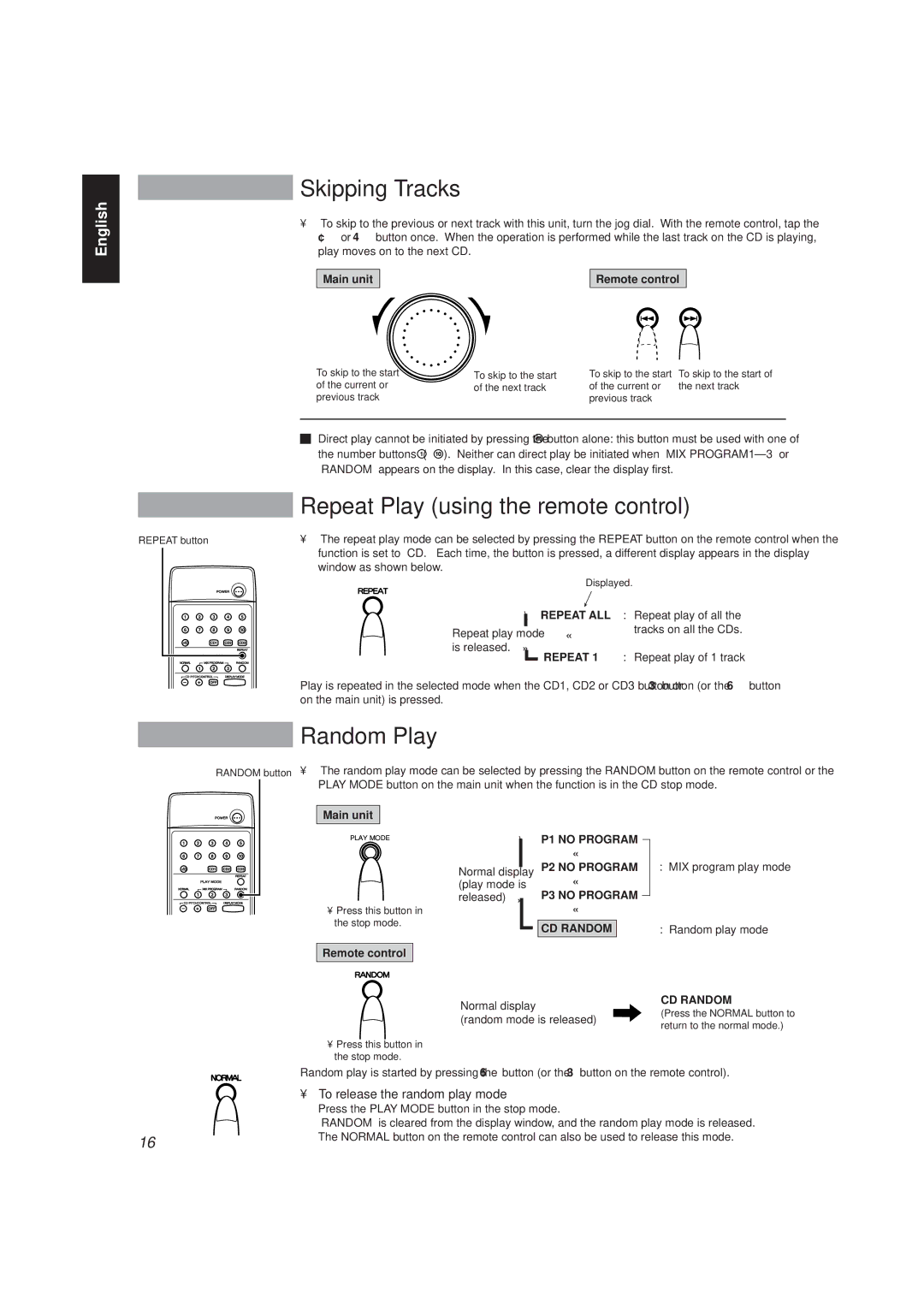 JVC XU-301 manual Skipping Tracks, Repeat Play using the remote control, Random Play, To release the random play mode 