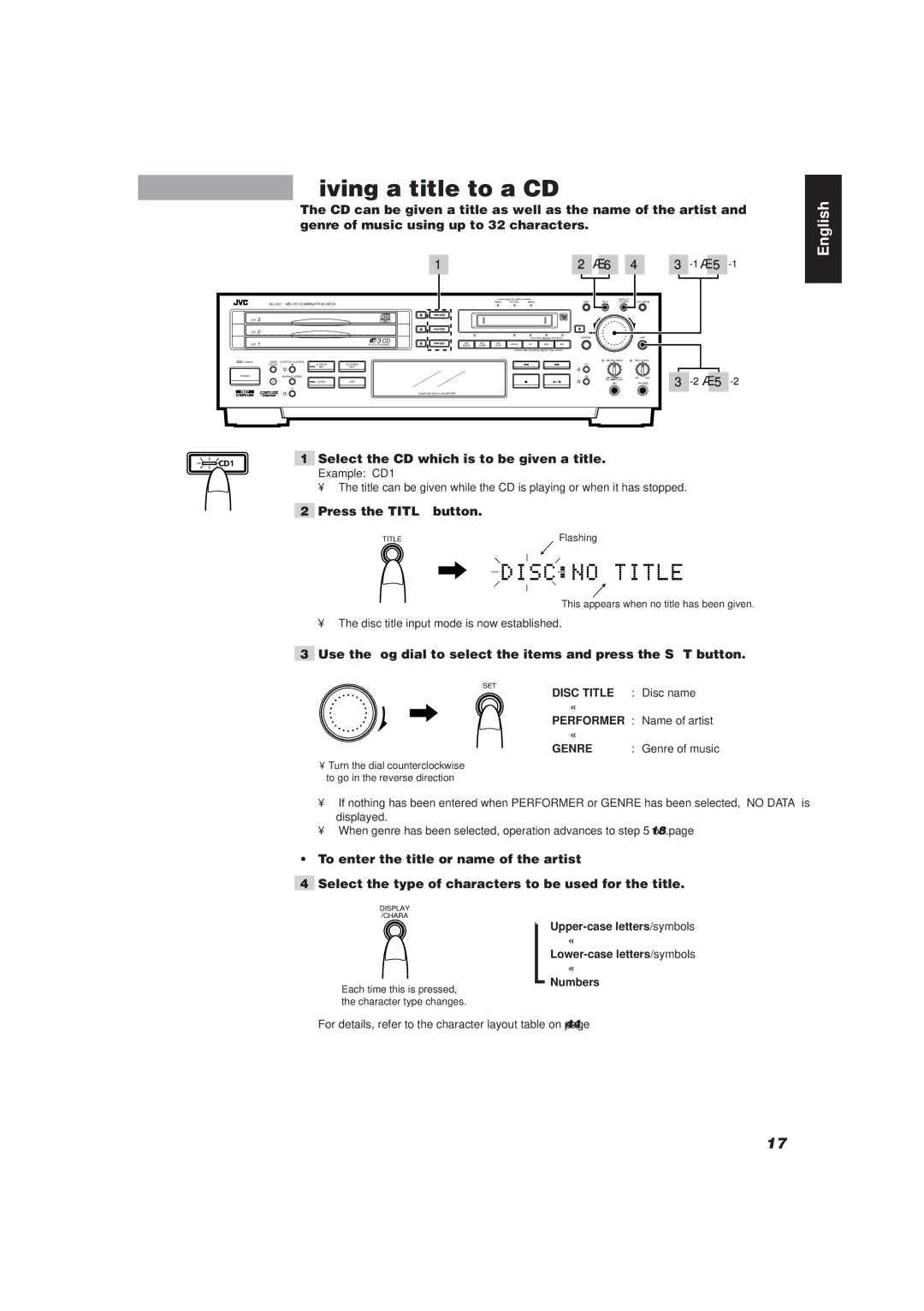 JVC XU-301 manual Giving a title to a CD, · 6 · 5, Select the CD which is to be given a title, Press the Title button 