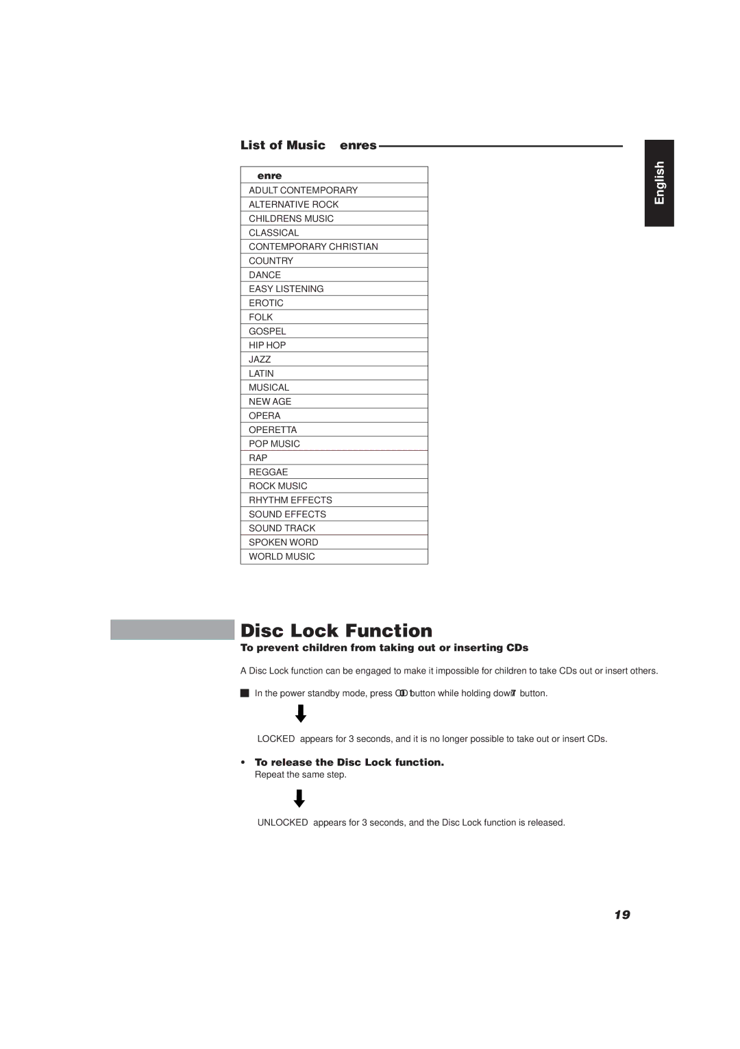 JVC XU-301 manual Disc Lock Function, List of Music Genres, To prevent children from taking out or inserting CDs 