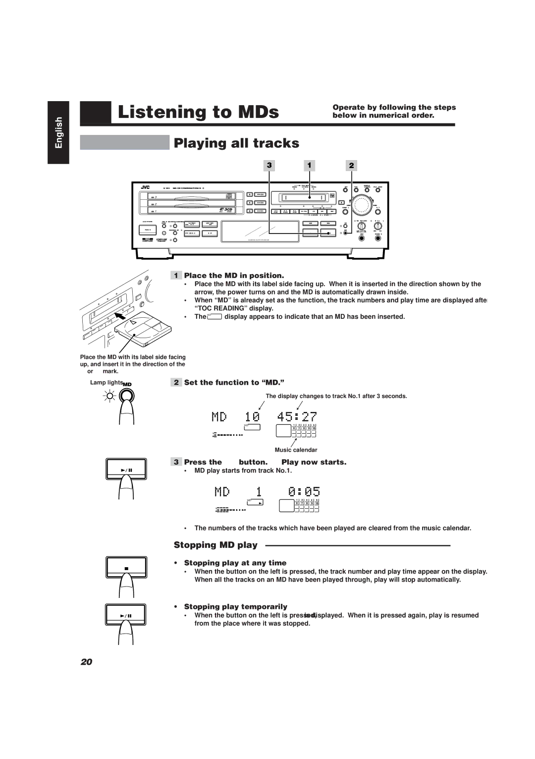 JVC XU-301 manual Listening to MDs, Playing all tracks, Stopping MD play 