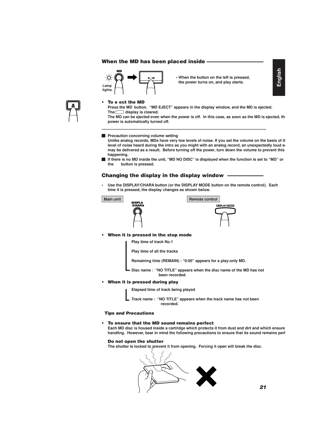 JVC XU-301 manual When the MD has been placed inside, Changing the display in the display window 