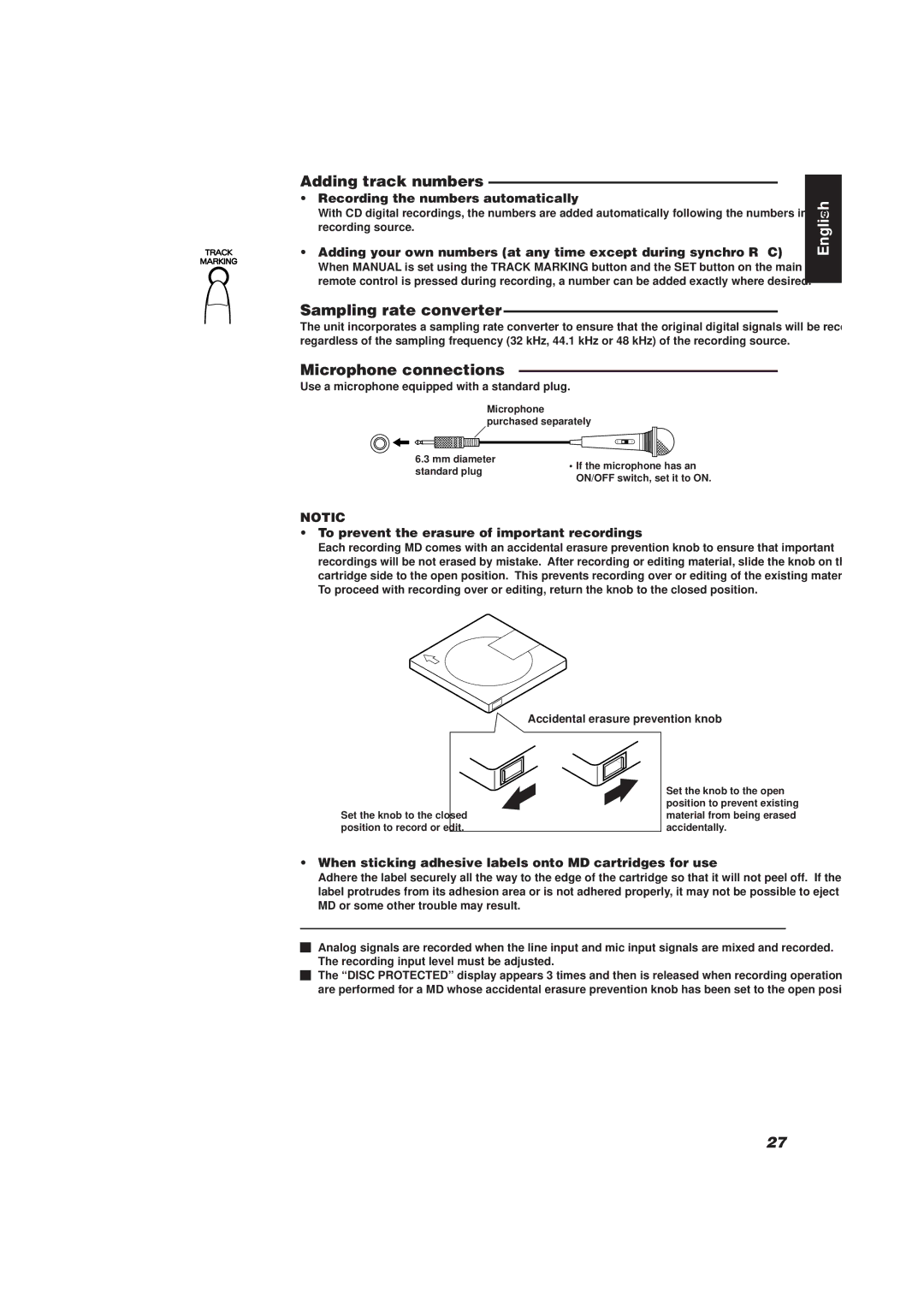 JVC XU-301 manual Adding track numbers, Sampling rate converter, Microphone connections 