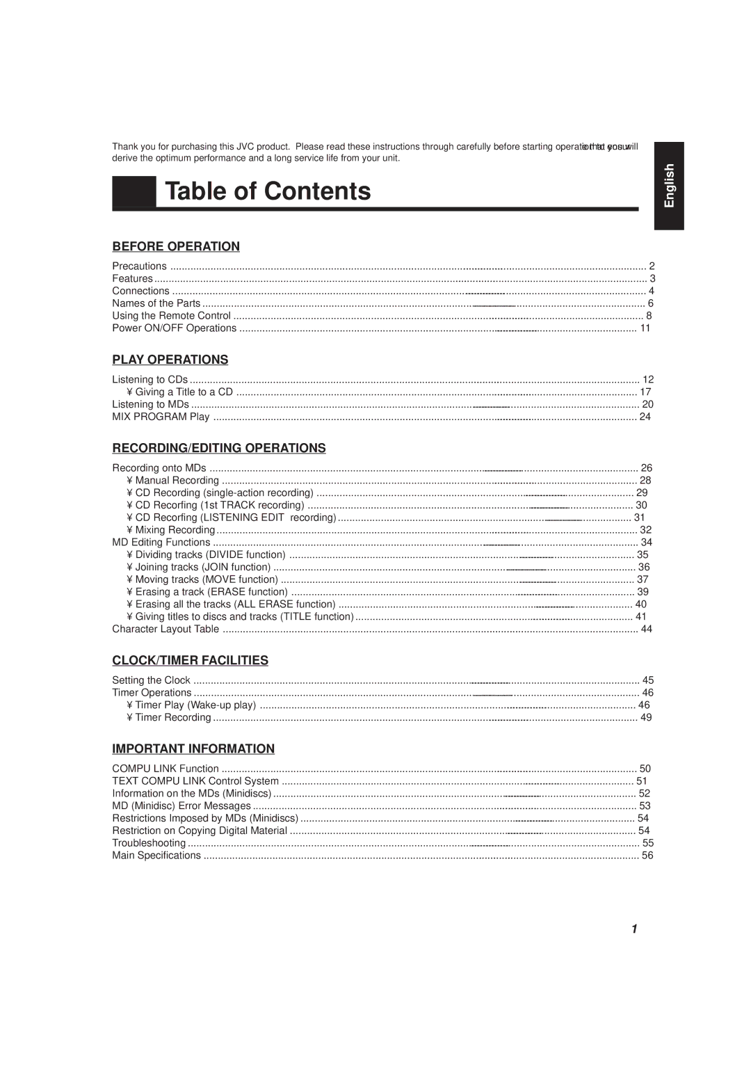 JVC XU-301 manual Table of Contents 