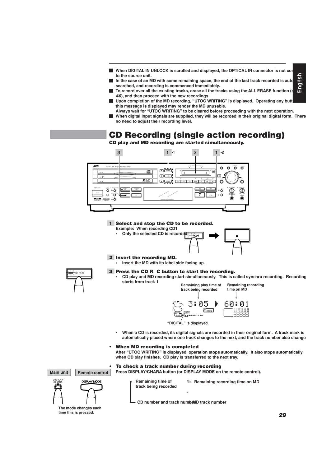 JVC XU-301 manual CD Recording single-action recording, CD play and MD recording are started simultaneously 