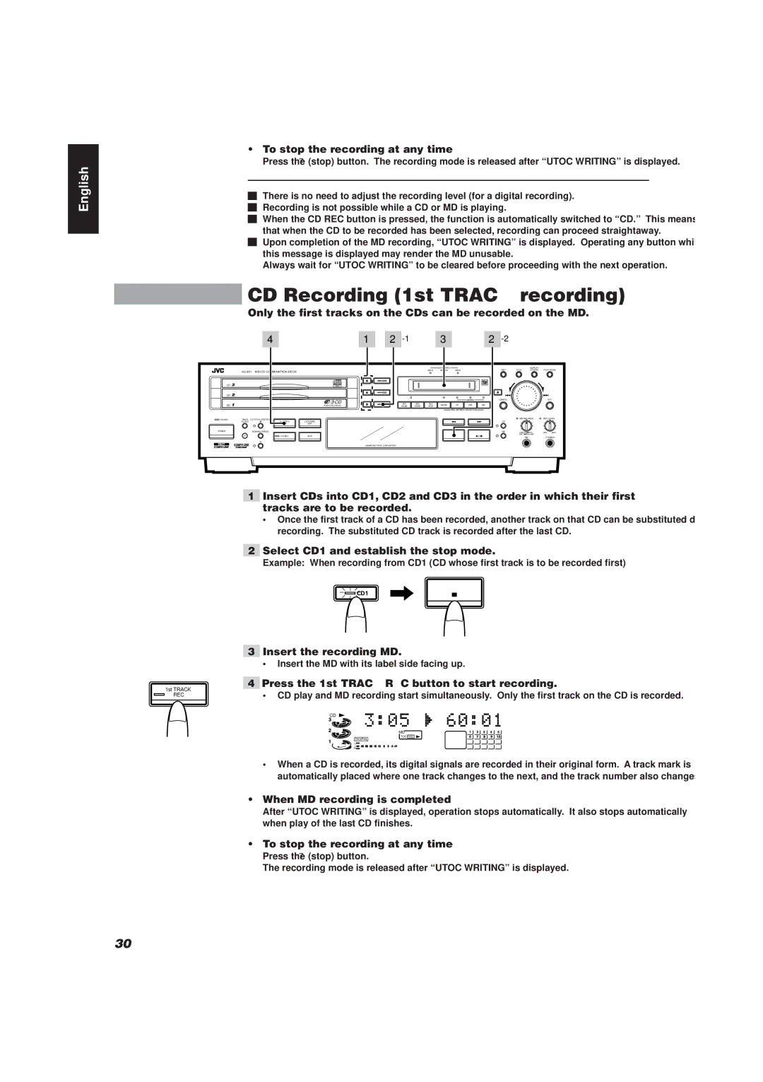 JVC XU-301 CD Recording 1st Track recording, To stop the recording at any time, Select CD1 and establish the stop mode 