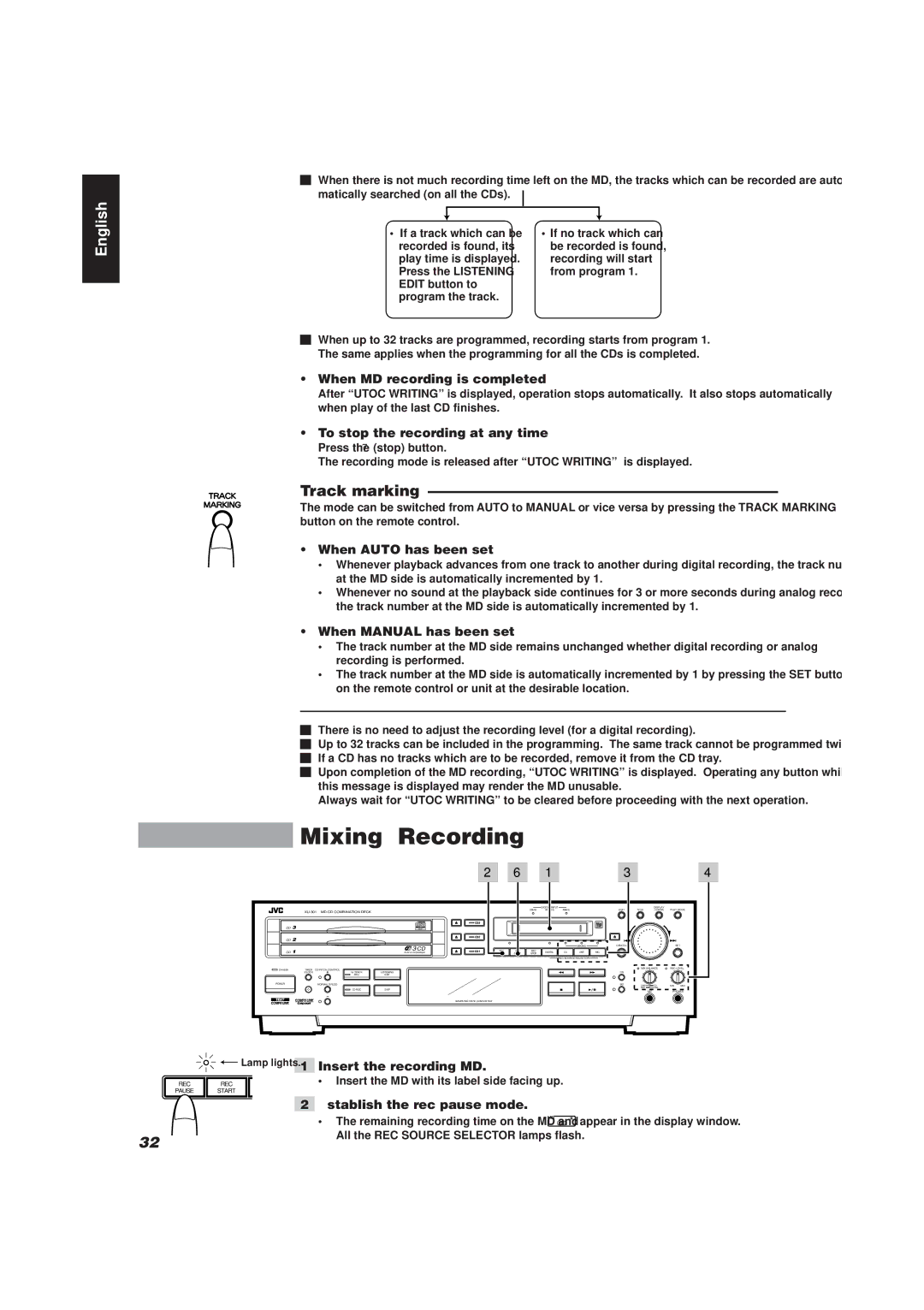 JVC XU-301 manual Mixing Recording, Track marking, When Auto has been set, When Manual has been set 