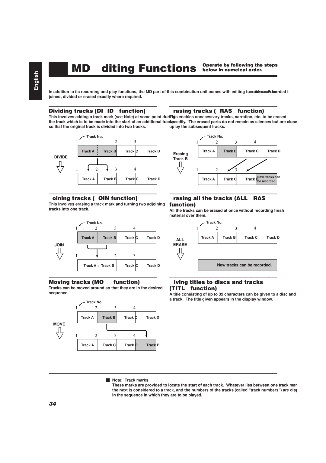 JVC XU-301 Dividing tracks Divide function, Erasing tracks Erase function, Joining tracks Join function, Title function 