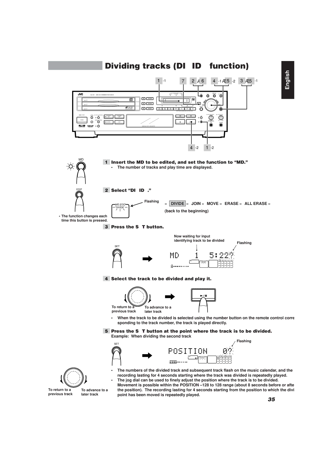 JVC XU-301 manual Dividing tracks Divide function, · 5 -2 3 ·, Insert the MD to be edited, and set the function to MD 