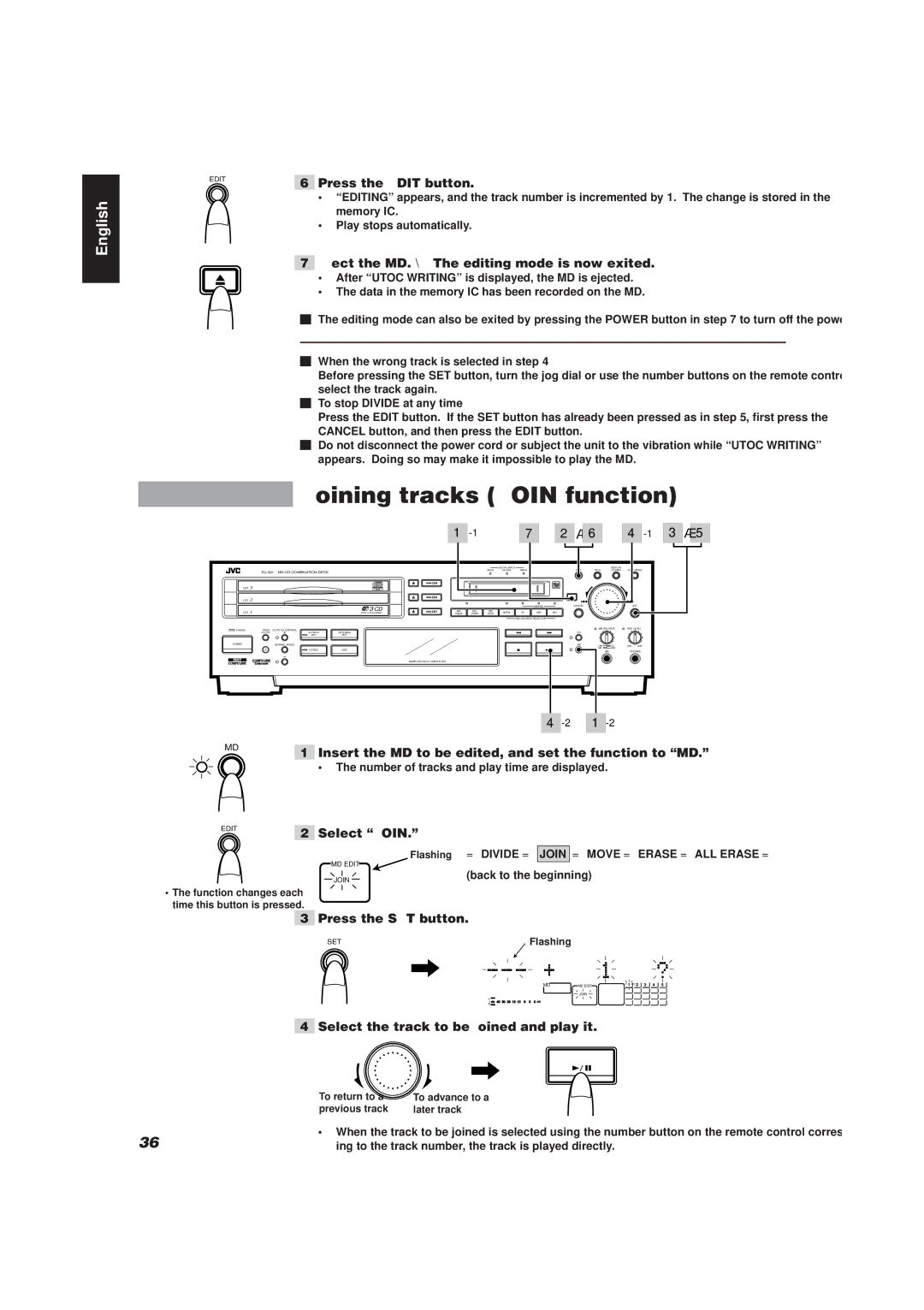 JVC XU-301 manual Joining tracks Join function, Press the Edit button, Eject the MD. \ The editing mode is now exited 