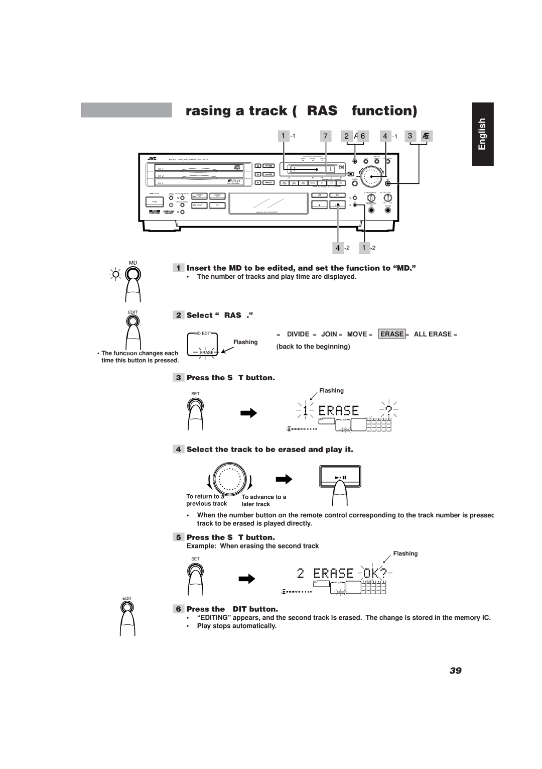 JVC XU-301 manual Erasing a track Erase function, Select Erase, Select the track to be erased and play it 