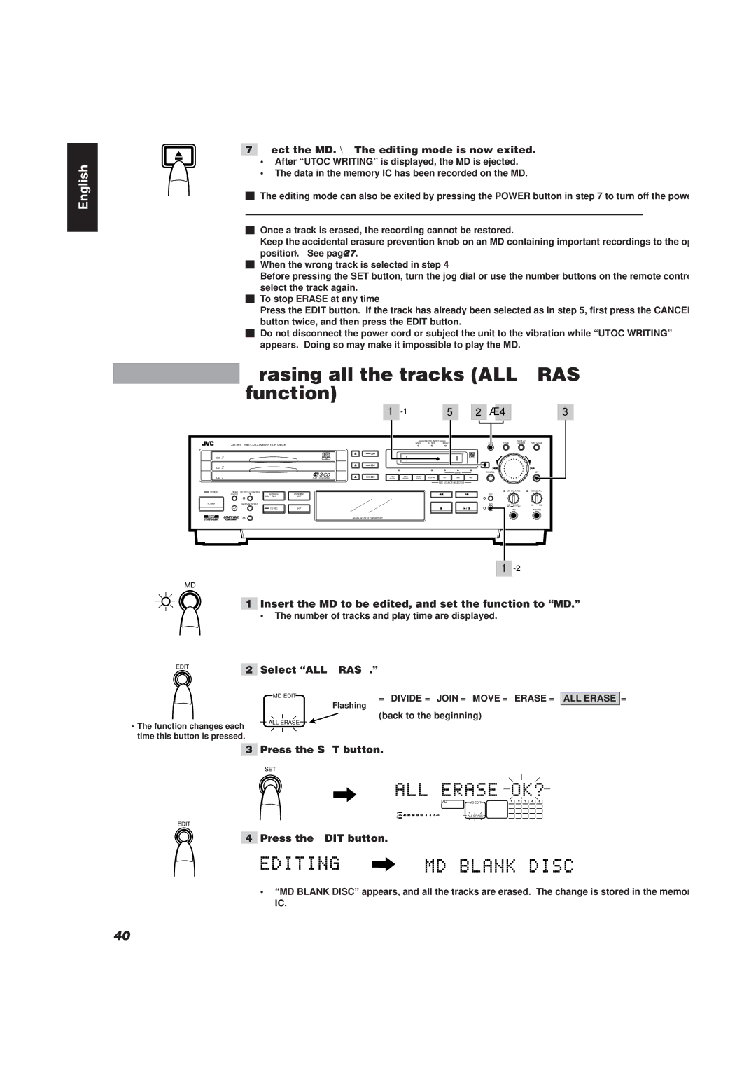 JVC XU-301 manual Erasing all the tracks ALL Erase function, Select ALL Erase 