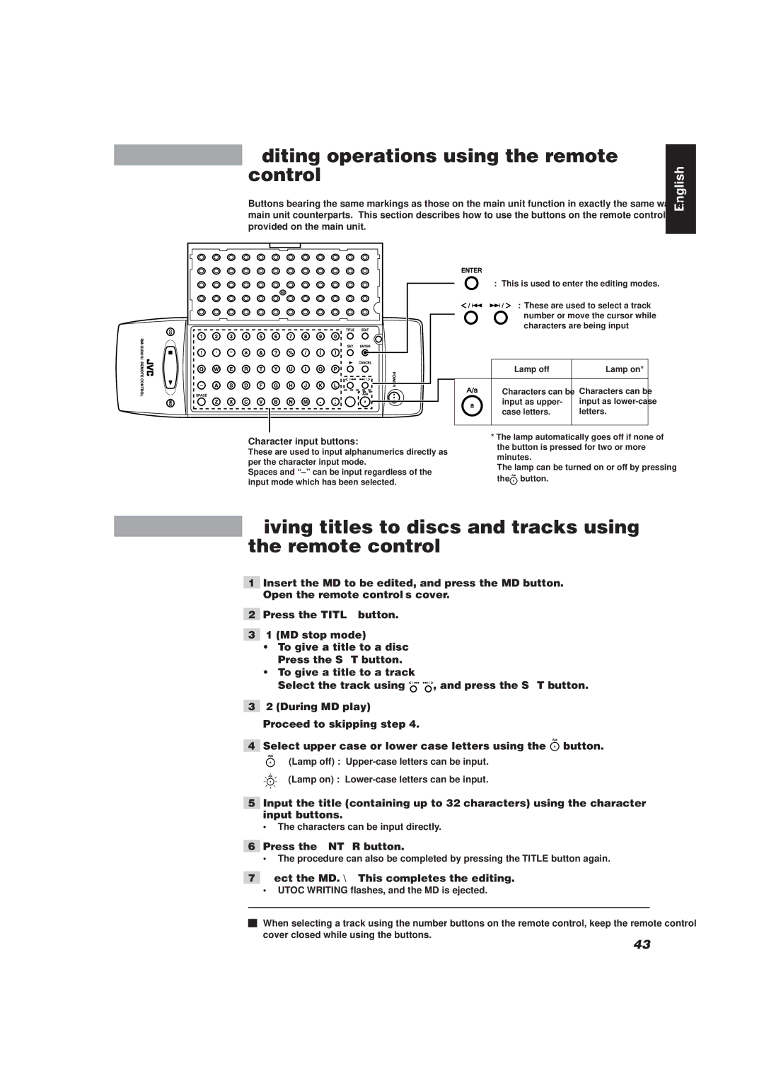 JVC XU-301 manual Editing operations using the remote control, Giving titles to discs and tracks using the remote control 