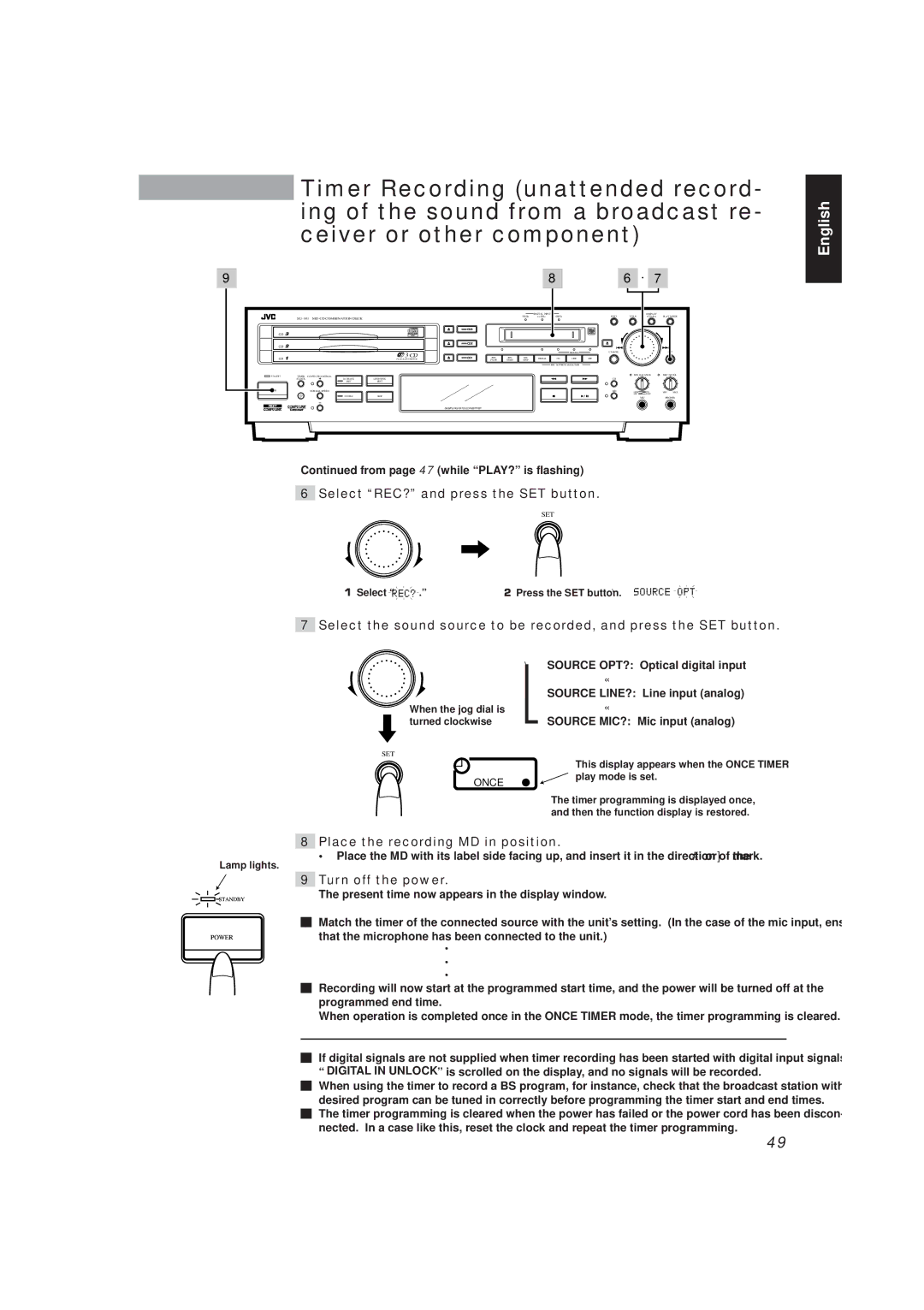 JVC XU-301 manual Select REC? and press the SET button, Place the recording MD in position 